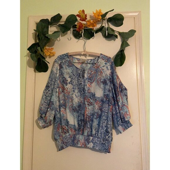 Roz & Ali XL Boho Paisley Blouse Womens Peasant Top Sheer 3/4 Sleeve Blue Orange - Picture 1 of 12